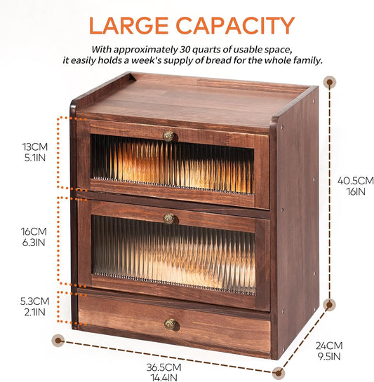 Solid Wood Bread Box for Kitchen Countertop with Drawer, 2-Tier Large Wooden Bread Storage Bin with Cutlery Organizer, Farmhouse Bread Keeper for Homemade Bread, Brown (50 Deli Papers)