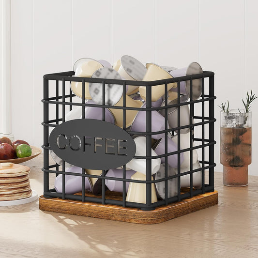 YATINEY Coffee Pod Holder for K Cup, Large Capacity Coffee Pod Organizer, Versatile Coffee Capsule Storage Basket with Wooden Base, White KH10WN