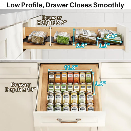 iSPECLE Spice Drawer Organizer, 2-Tier Low Profile Spice Rack Insert for Kitchen Drawers, Fits 15"–30" Wide Drawers, Keeps Labels Visible, No Slip No Rattle, Oil-Resistant Carbon Steel, Black