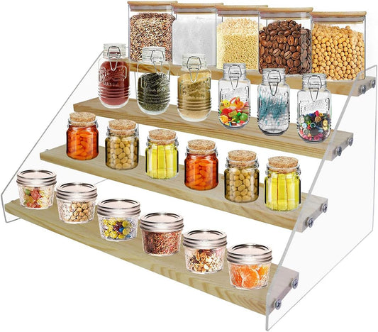 VAEHOLD Spice Rack Organizer for Cabinet & Countertop - Seasoning Organizer Spice Shelf - Space Saving Wooden Display Risers Shelf Showcase Fixtures Jewelry (5 Tier)