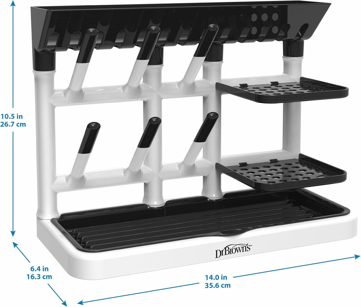 Dr. Brown's Drying Tower, Stand-Up Drying Rack, Countertop Baby Bottle Drying with Organized Storage for Baby Essentials, Space Saving Vertical Rack, Black/White