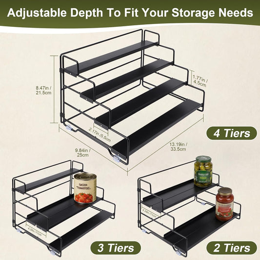 Spice Rack Organizer for Cabinet, Tiered Adjustable Spice Shelf Organization, Metal Seasoning Rack for Kitchen Countertop Cupboard Pantry, Raised Edge Anti-Slip Design for Jars and Bottles