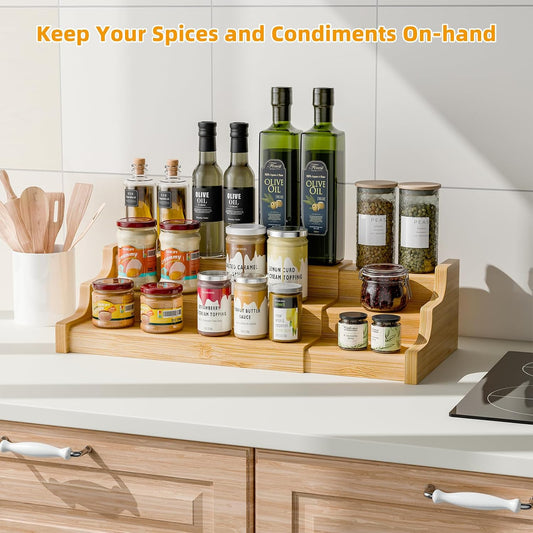 Simple Trending Spice Rack Kitchen Cabinet Organizer, 3 Tier Bamboo Expandable Spice Storage, Display Shelf for Cupboard, Pantry, Yellow