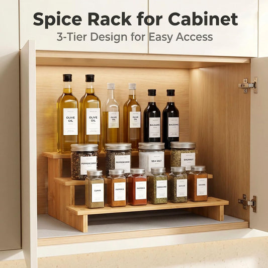 JinDoWin 3 Tiered Spice Rack Organizer for Cabinet,Spice Organization for Cabinet,Seasoning Organizer,Spice Shelf and Spice Organizer for Cabinet,Pantry Organizers and Storage (Medium)