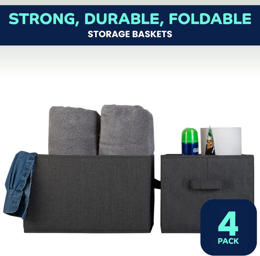 Storage Baskets - 4 Pack - Sturdy Large Fabric Bins | Foldable Organizing Basket Bin for Home, Nursery, Closet & Shelves Organization | Storage Basket Cube Shelf Organizer (Black)