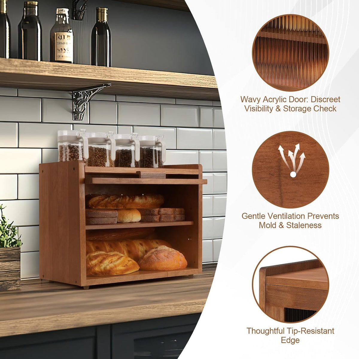 Bread Box for Kitchen Countertop Container Bin 2 Layer Wooden Bread Storage Adjustable Shelf Holder Large Capacity Modern Farmhouse Food Organizer Acrylic Window (Brown)