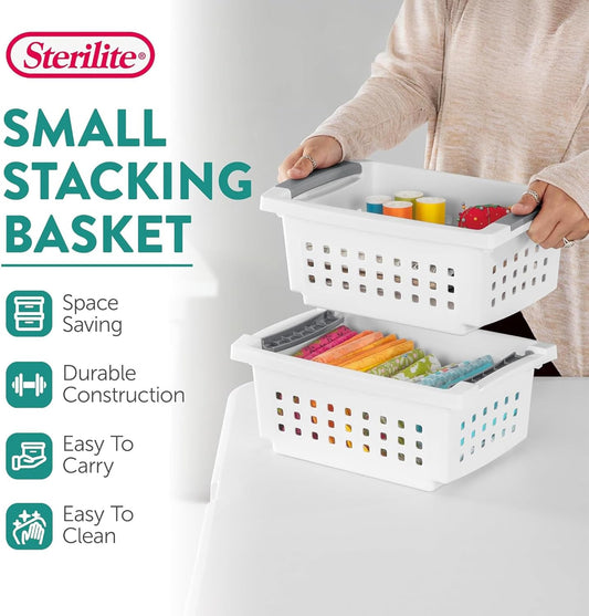 Sterilite Large Stacking Basket, Open Top Storage Bin with Handles, White - Ideal for Home Closets, Kitchens, or Office Organization
