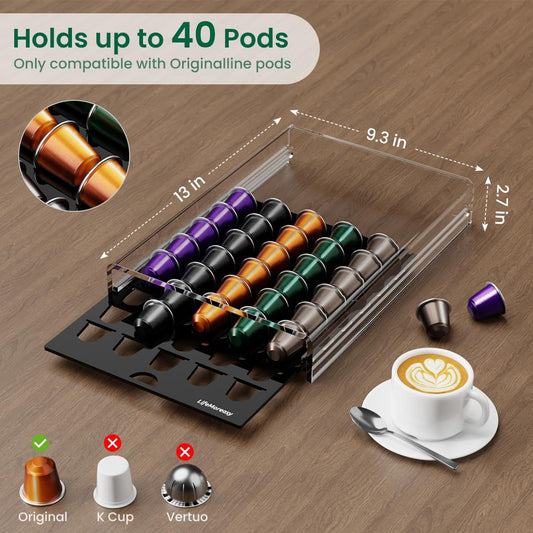 Acrylic Coffee Pod Holder for Nespresso OriginalLine Capsules, 40 Pods Capacity for Countertop Coffee Bar Home Office Kitchen