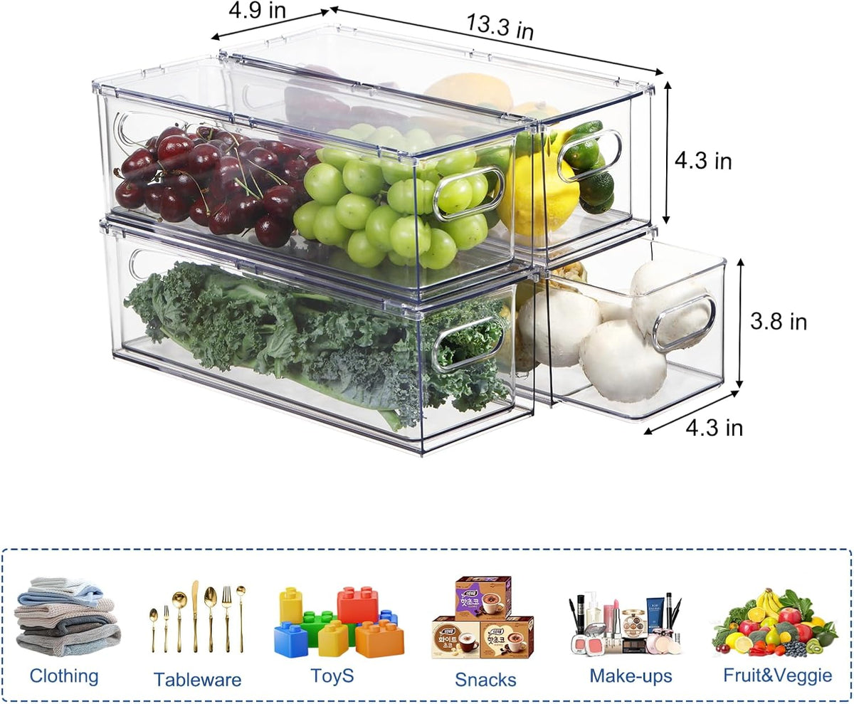 Fridge Drawer Pull Out Stackable Bins, Clear Refrigerator Stackable Organizers, Fridge Organizer Storage for Kitchen, Pantry, Vegetables, Fruits (2 Small + 1 Large)