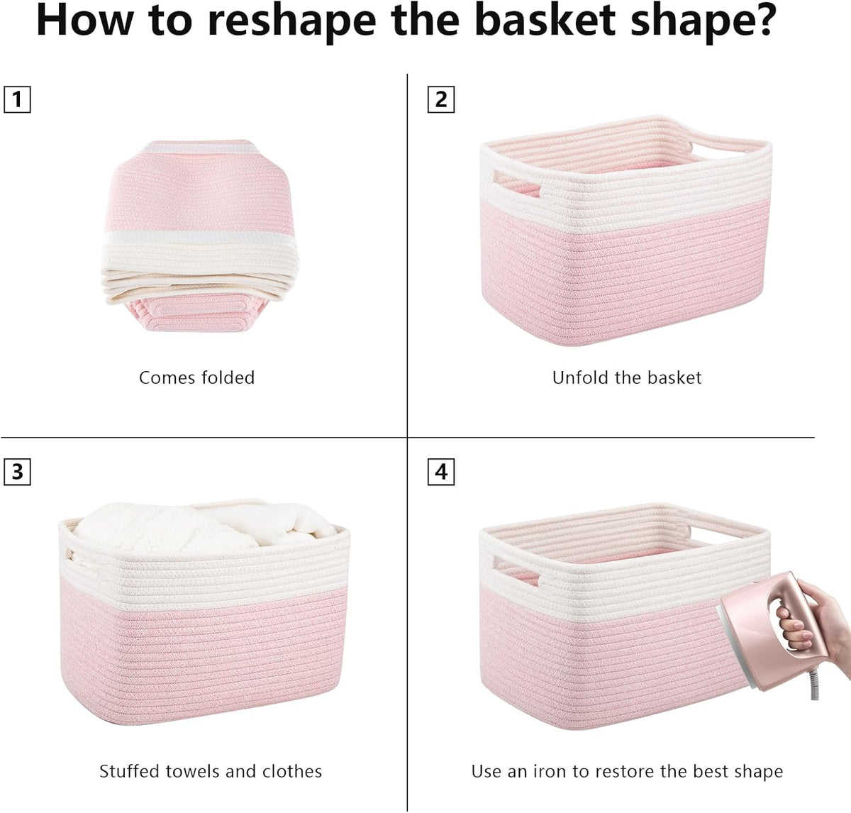 OIAHOMY 4 Pack Storage Baskets for Organizing, Basket for Shelves with Handle, Woven Baskets for Storage Toys, Towels, Books, Cotton Rope Basket 13" L x 9 " W x 7.8 " H, Brown & White