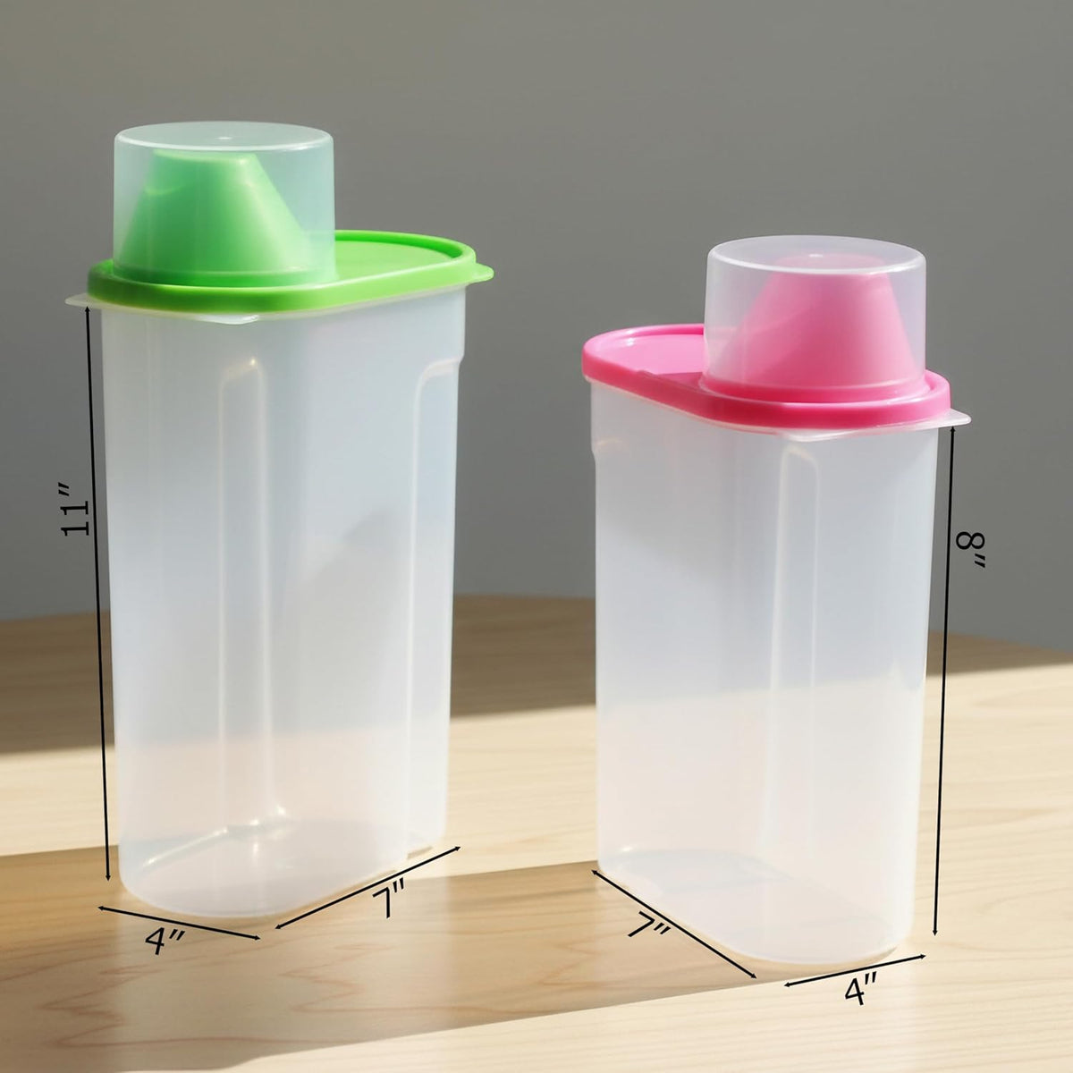 Basicwise 2.5 Liters Set of 3 Large Airtight Food Storage Containers with Pouring Spout and Measuring Cup Lid for Flour Sugar Cereal Rice Pantry Staples & Baking Ingredients in Green Pink and Yellow