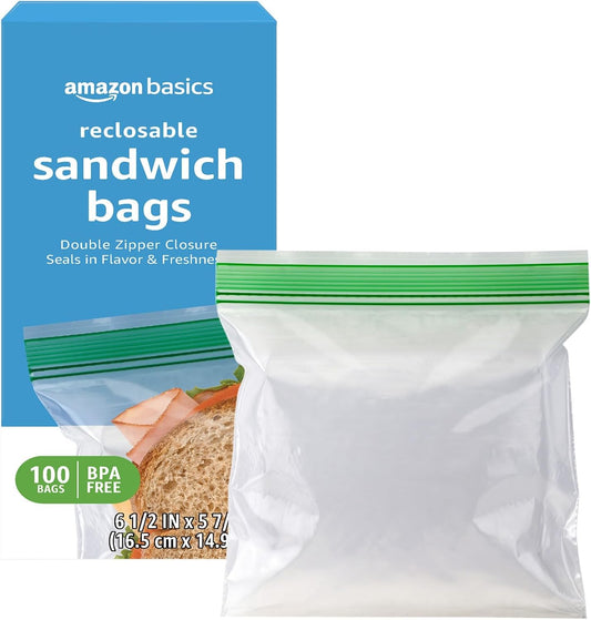 Amazon Basics Resealable Double Zipper Sandwich Storage Bags for Food Storage, (Previously Solimo)
