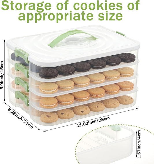 FMOACEN 4-Layer Airtight Cookie Storage Box with Handle and Lid Stackable Cookie Container Food Storage Container for Dumplings Wontons Desserts and Snacks Portable Organizer for Fridge and Pantry