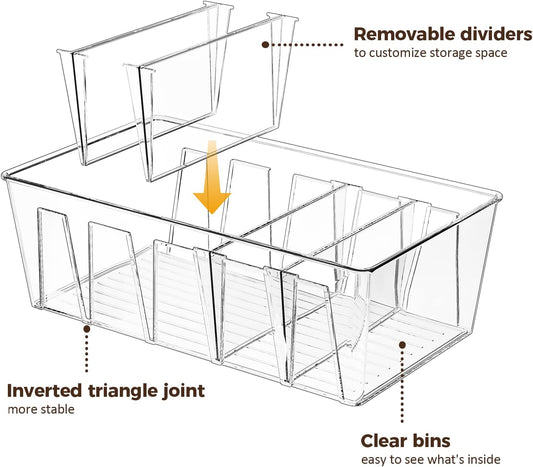 Puricon 2 Pack Pantry Organization and Storage Bins for Kitchen Fridge Countertop Cabinet, Stackable Clear Plastic Storage Racks with Removable Dividers, 5 Compartments for Snacks Packets Spices