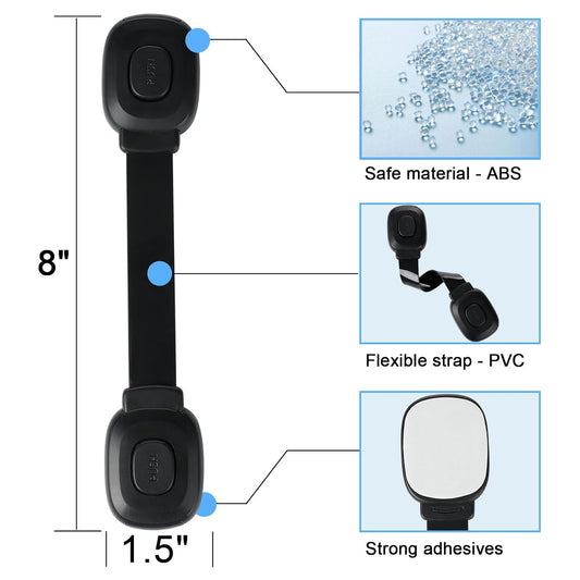 Cabinet Locks Baby Proofing, Child Safety Strap Locks Adhesive Black - Child Proof Fridge Lock Drawer Door Toilet Latches No Drill Multi-Purpose for Furniture Kitchen Lock
