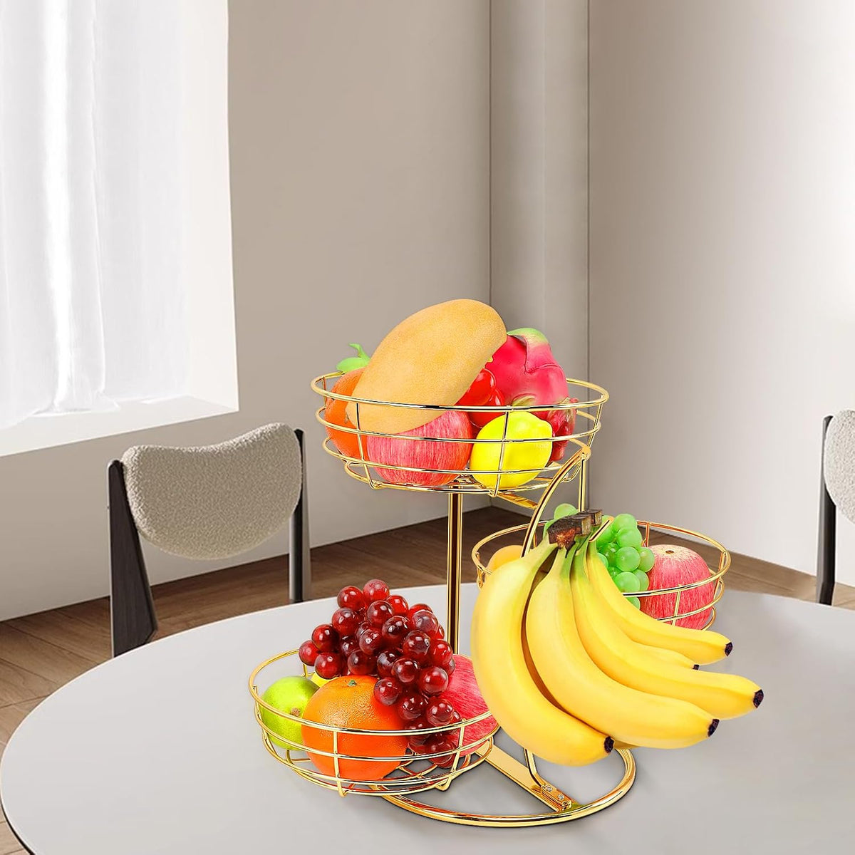 Fruit Basket Bowl with Banana Hanger, Fruit Vegetable Storage Basket with Banana Tree Holder for Kitchen Counter, Detachable Organizer for Bread Snack Produce (Black, 3-Tier Metal Base)