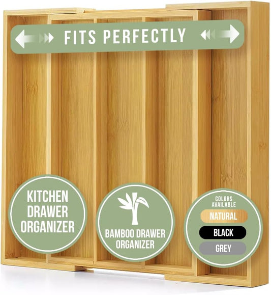 Kitchen Drawer Organizer - Expandable Utensil Drawer Organizer for Kitchen, Cutlery Tray & Silverware Organizer, 3-5 Slots - Bamboo Organizer for Utensils & Flatware (Natural)