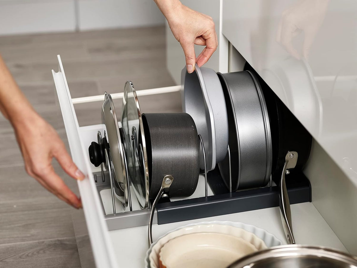 DrawerStore Cookware Organizer, Baking Tray Rack, Space Saving Storage for Pans, Lids, Cutting Boards