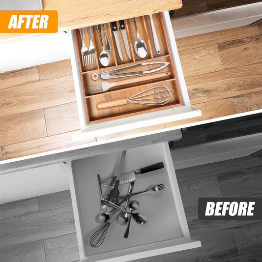 Silverware Organizer Kitchen Drawer Organizer Expandable Bamboo Utensil Holder Cutlery Tray for Kitchen Utensil and Flatware Bedroom Office