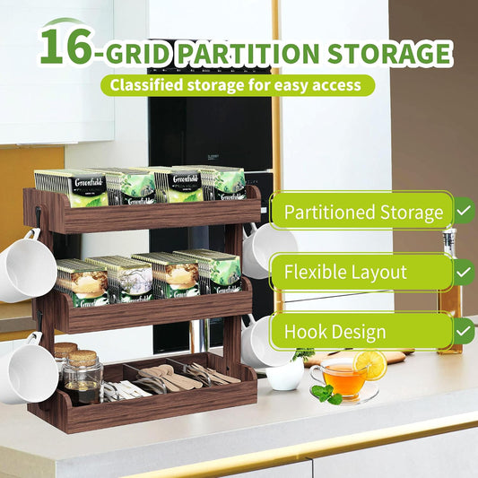 3 Tier Tea Bag Organizer Wall Mounted, Wooden Tea Box Organizer for Cabinet