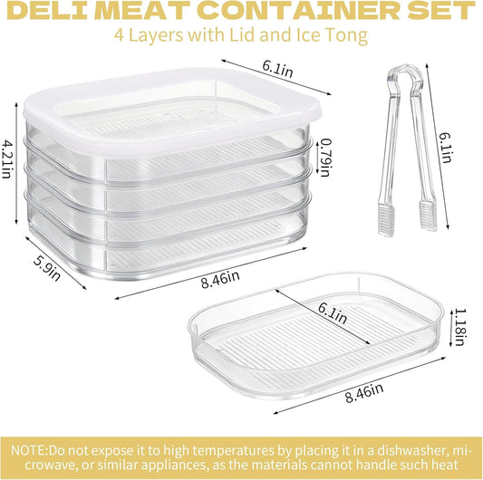 4 Pcs Deli Meat Container for Fridge Stackable Deli Containers with Lid and Tong Bacon Lunch Meat Keeper for Refrigerator Food Storage Boxes for Organizing Cold Cuts Salami and Cheese