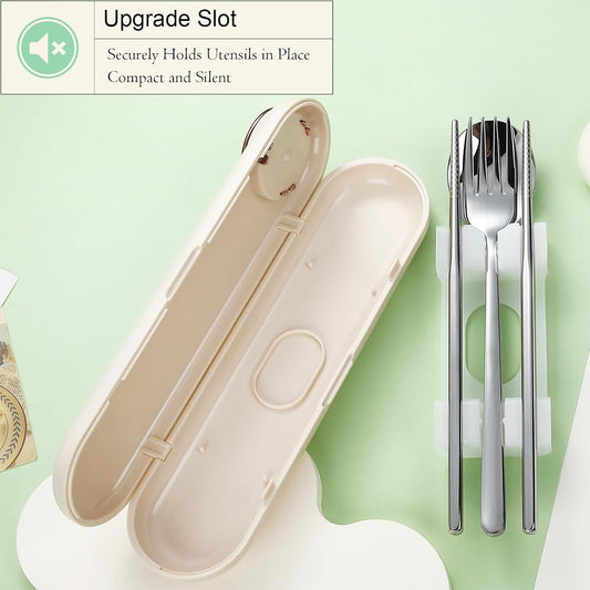 Travel Utensils with Case Cute, Reusable Silverware for Lunch, 4Pcs Portable Cutlery Set, 18/8 Stainless Steel Fork Spoon Chopsticks in Cartoon Case, Dishwasher Safe (Light Yellow)