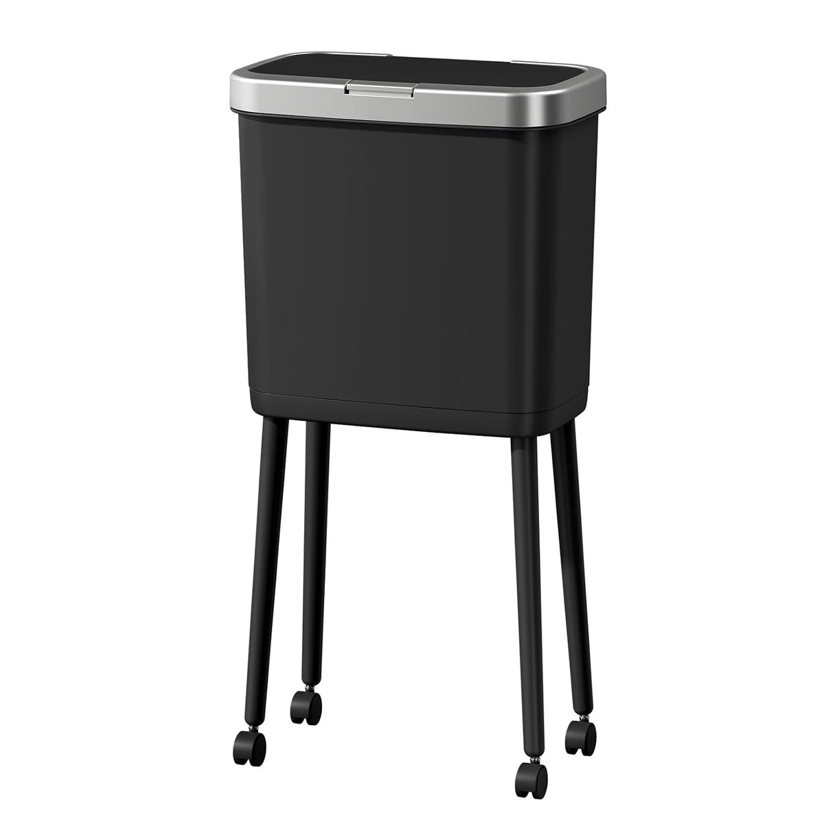 Kitchen Trash Can with Lid and Wheels, 15L White Slim High Foot Garbage Bin with Gold Edge, Pop Up Dog Proof Trash Can with Raised Legs, Plastic Trash Can for Laundry Room, Bathroom, Office