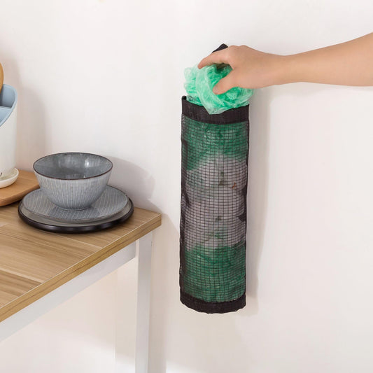Bag Holder for Plastic Bags, 2 Pcs Polyester Grocery Bag Holder Plastic Dispenser Foldable Breathable Washable Hanging Mesh Garbage Bag Organizer for Kitchen Plastic Bag Storage (Gray)
