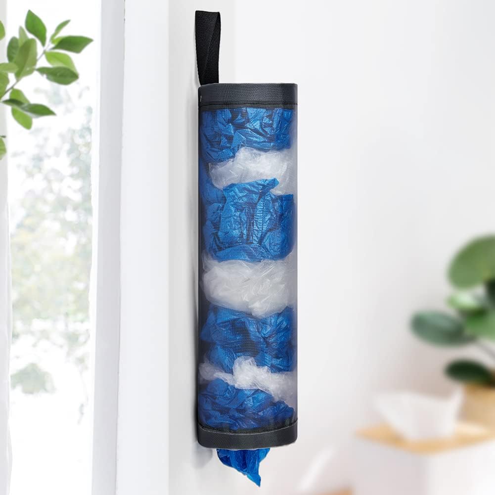 Bag Holder for Plastic Bags, 2 Pcs Polyester Grocery Bag Holder Plastic Dispenser Foldable Breathable Washable Hanging Mesh Garbage Bag Organizer for Kitchen Plastic Bag Storage (Gray)