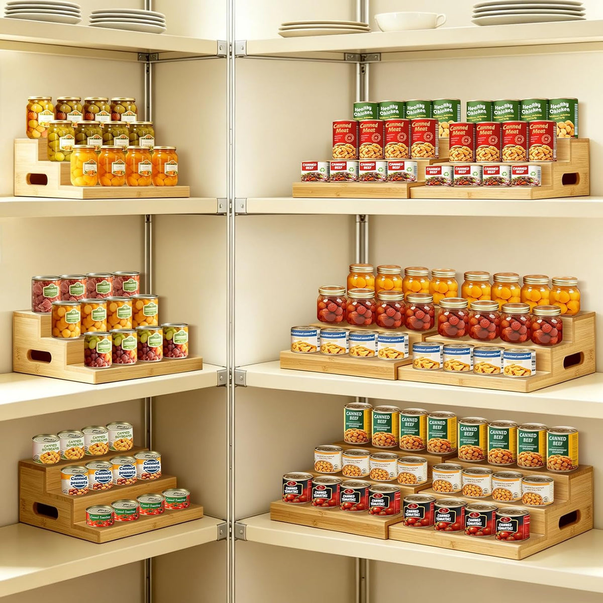 2 Pack Bamboo Expandable Can Rack Organizer for Pantry, Stackable 3 Tier Canned Food Organizers and Storage, Kitchen Cabinet, Food Can Holders Dispensers for Pantry Up To 48 Cans