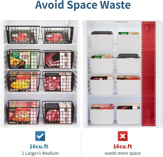 Freezer Organizer Bins - For 16 Cu Ft Upright Freezer, White | Wire Baskets 3 Large & 3 Medium Sizes, Slide-Out for Easy Access, Prevent Food Falling Out, Keep Stand-Up Freezer Organized