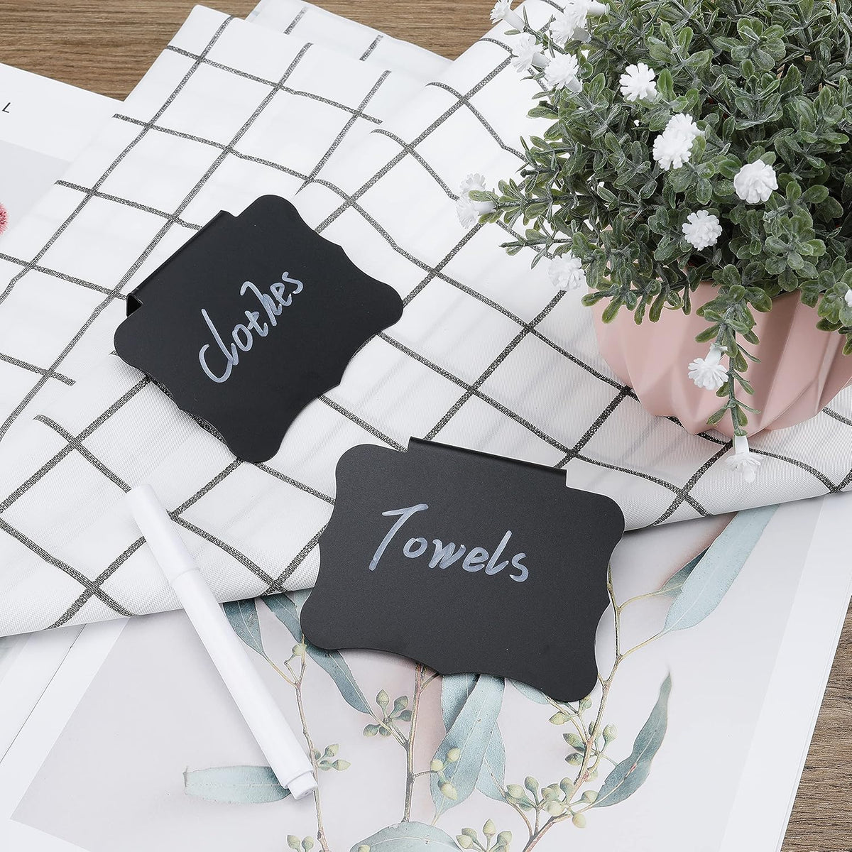 10 Plastic Basket Bin Label Clip on Removable Kitchen Pantry Label Clip with White Chalk Markers for Storage Bin Box Hanging Bin Clip Label (10)