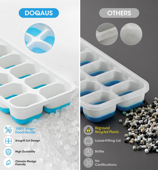 Ice Cube Tray with Lid and Bin - 4 Pack Silicone Ice Cube Trays for Freezer, Stackable Ice Bucket Kits with Storage Container & Scoop for Kitchen, RV, Cocktail, Coffee