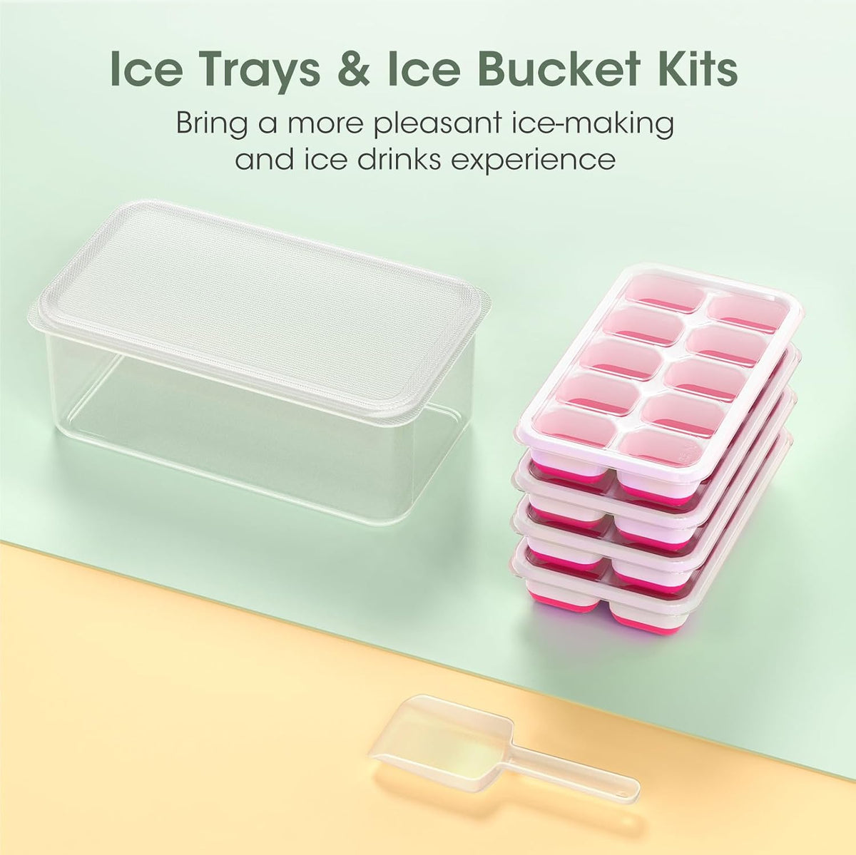 Ice Cube Tray with Lid and Bin - 4 Pack Silicone Ice Cube Trays for Freezer, Stackable Ice Bucket Kits with Storage Container & Scoop for Kitchen, RV, Cocktail, Coffee