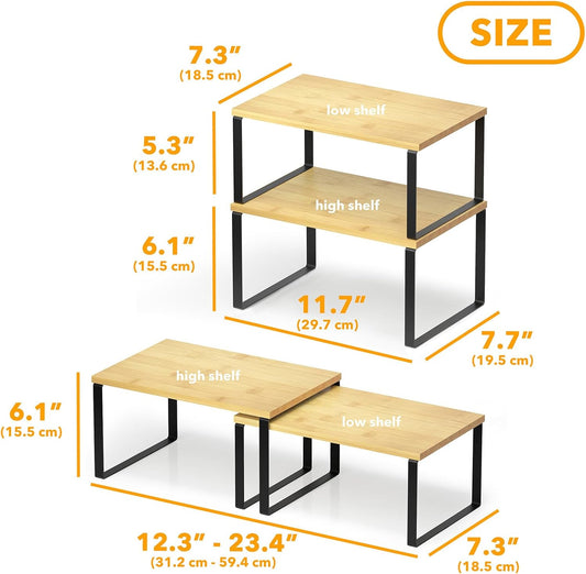 Cabinet Shelf Organizers 2 Pack, Kitchen Counter Rack Shelves Riser, Stackable Expandable Spice Rack, Pantry Cupboard Storage Organization (Black and Natural, Short)