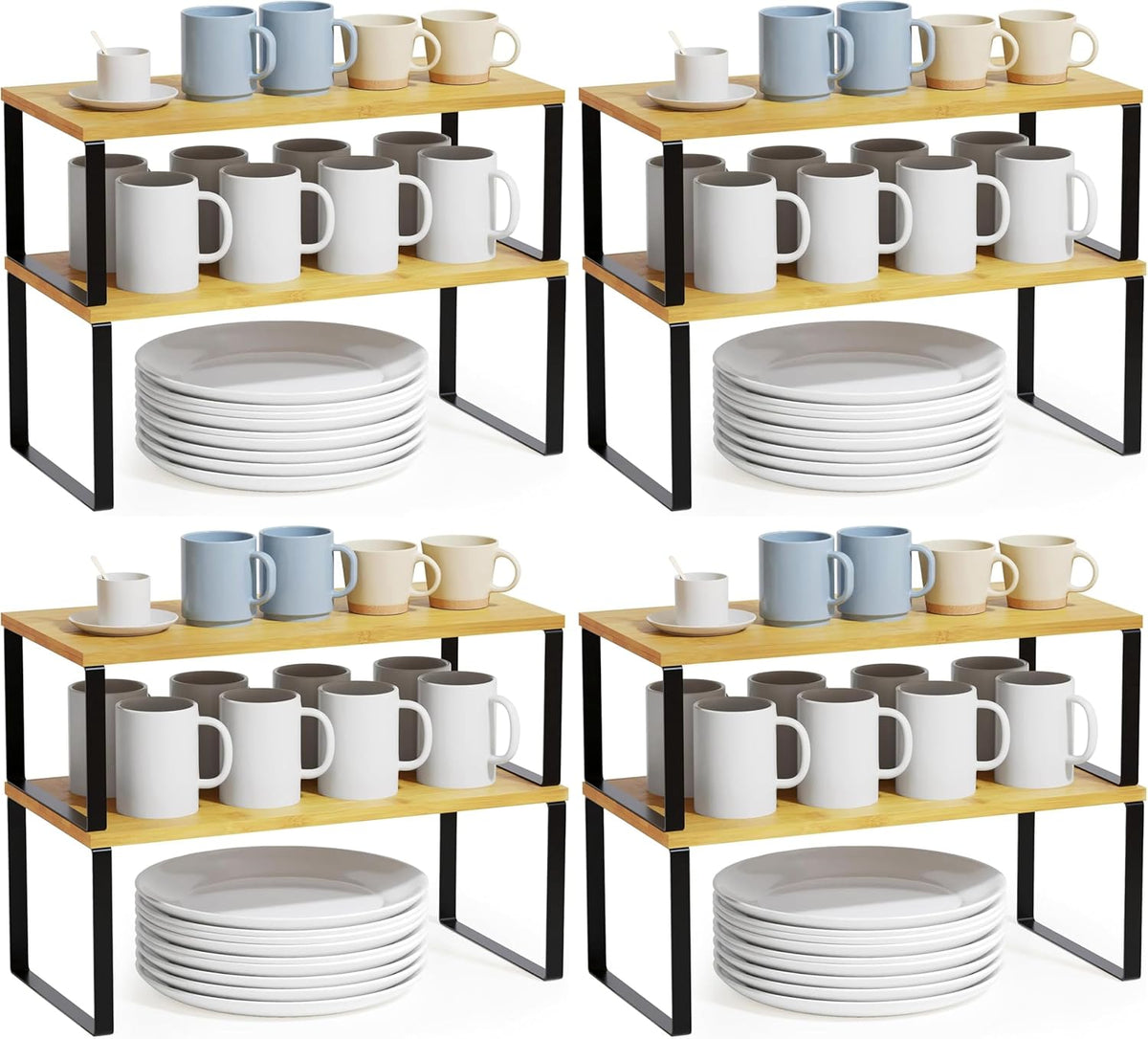Cabinet Shelf Organizers 2 Pack, Kitchen Counter Rack Shelves Riser, Stackable Expandable Spice Rack, Pantry Cupboard Storage Organization (Black and Natural, Short)