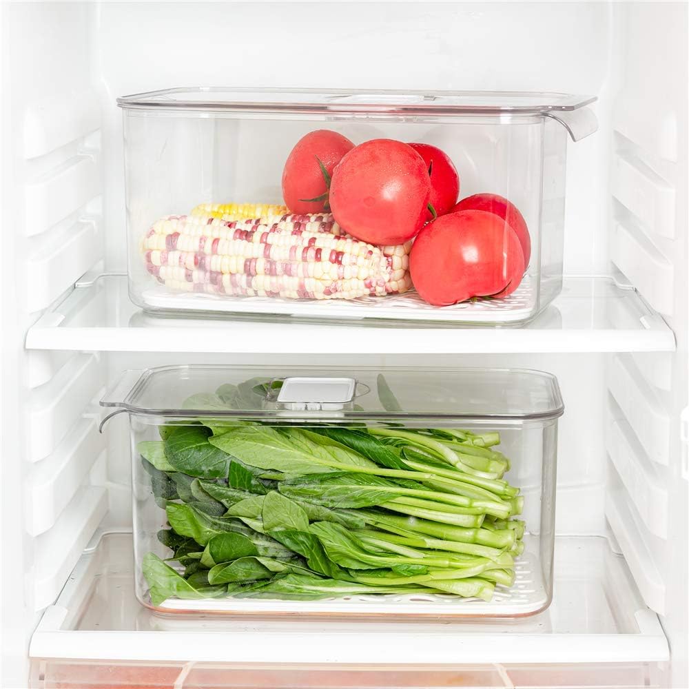Slideep Refrigerator Food Storage Containers, Produce Saver Stackable Container with Lids & Removable Drain Tray, Freezer Bins Stay Fresh Lettuce Salad Container for Fridge