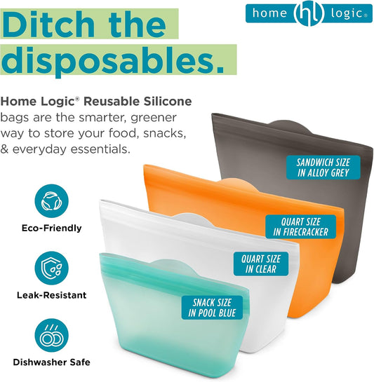 Reusable Sandwich Bags - Set of 6 Pool Blue Silicone Freezer Bags, Airtight Leak Resistant Reusable Zip Bags for Kitchen Home Food Prep, Microwave & Sous Vide Safe
