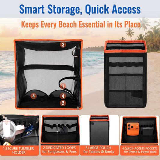 2-in-1 Cooler & Mesh Organizer Insert for XL Rubber Beach Totes, Leak-Proof PEVA Insulated Ice Chest & Storage Pouch with 4 Fasteners, Lightweight Accessories for Oversized Bags, Black