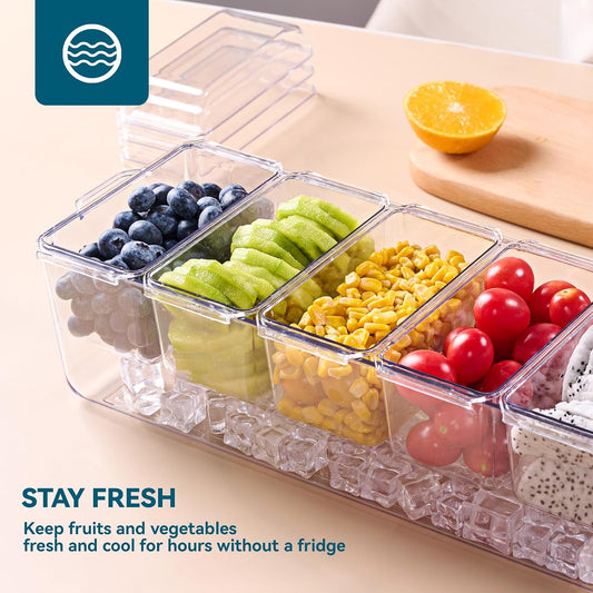 Chilled Garnish Tray with 5 Small Removable Containers and Compartments | Ice Chilled Condiment Organizer Server, Clear Garnish Serving Platter for Fruit, Salad, Food, Outdoor Events, Picnics