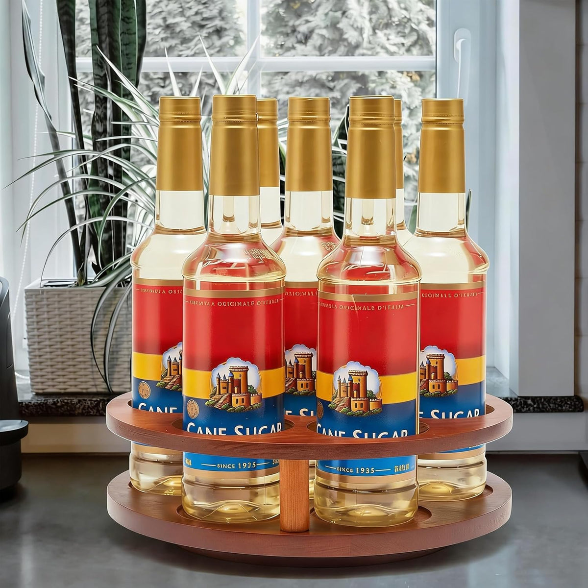 Acacia Wood Rotating Coffee Syrup Organizer,7 Bottle Coffee Syrup Rack