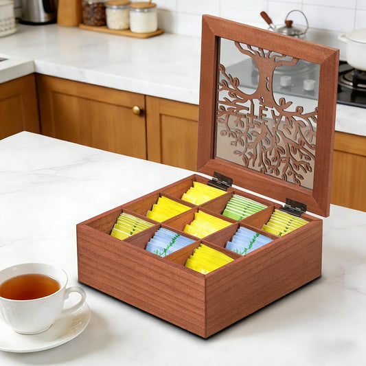 Wood Tea Box Organizer,Tea Organizers and Storage with Tree Pattern,Tea Bag Holder,Decorative Tea Storage Organizer Box,9 Compartments Tea Organizer for Tea Bags Coffee