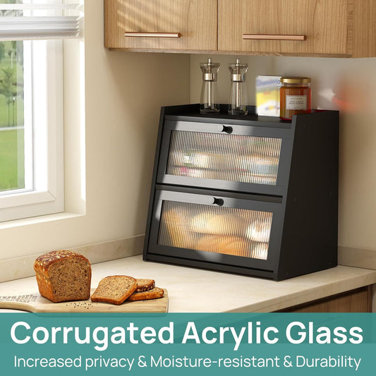 viewcare Black Bread Box, Double Layer Large Bread Box for Kitchen Counter, Bamboo Bread Storage Container with Wavy Acrylic Transparent Door