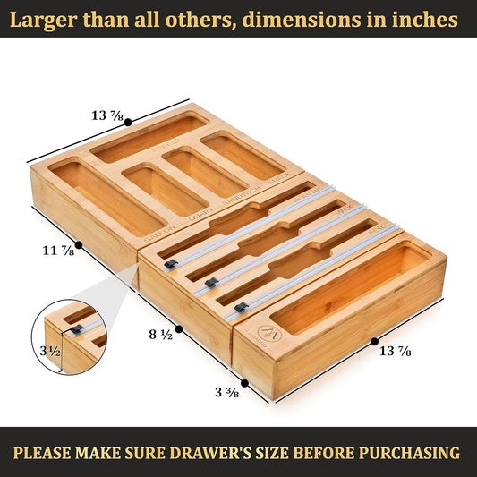 3 in 1 Wrap Organizer with Cutter and Labels, Plastic Wrap, Aluminum Foil and Wax Bamboo Dispenser for Kitchen Storage Organization Holder for 12" Roll (Natural)