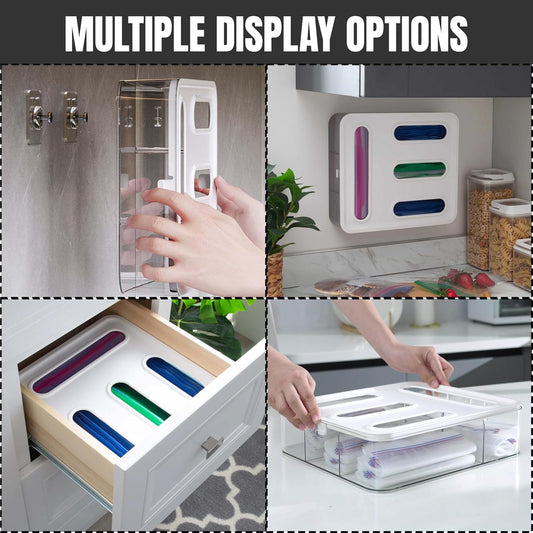 4 IN 1 Food Storge Bag Organizer for Kitchen Drawer, 4-Slot, Wall Mountable | Compatible with Sandwich, Snack, Gallon & Slider Bags, with Locking Lid Design Food Storage Bag Holder, Space saving