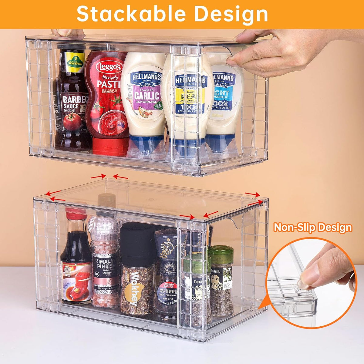 Large Stackable Kitchen Storage Drawers, Clear Foods Organizer Bins with Handles, Easily Assemble for Bathroom, Kitchen, Pantry, Cabinet, Closet(XL-UP Handle)