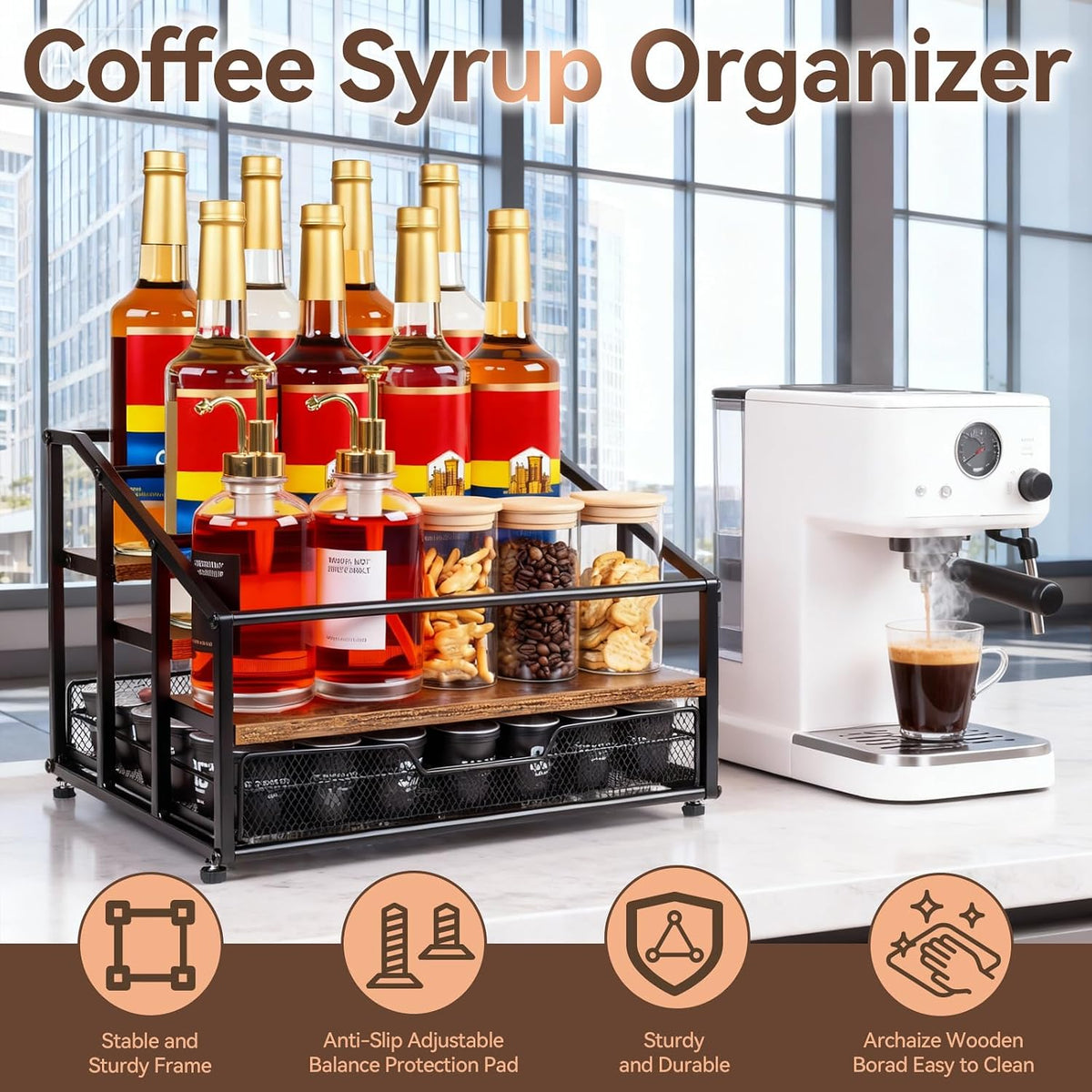 kimilus Coffee Syrup Rack Organizer, 4-Tier 12 Bottle Syrup Rack with 35 K Cup Drawer for Coffee Bar, Countertop Bottle Holder Stand for Dressing for Kitchen Cafe Station