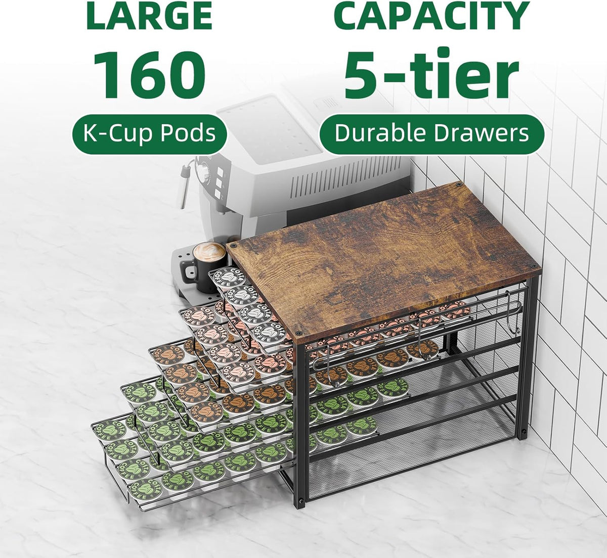 Simple Trending 5 Tier Coffee Pod Holder for K Cup, 160 Pod Pack Capacity Rack, Metal, Black