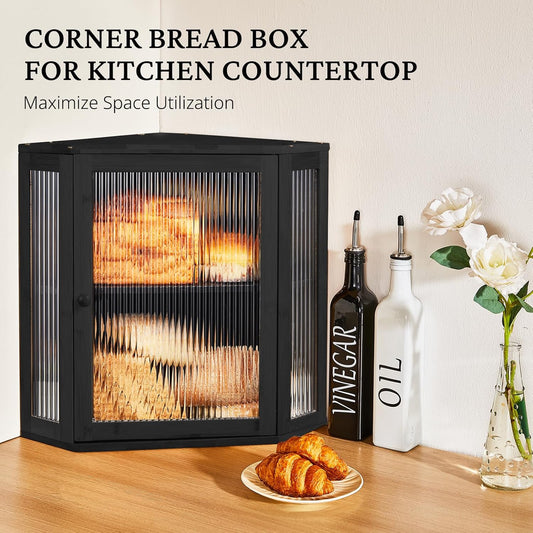 BRONYPRO Corner Bread Box for Kitchen Countertop, Double Layer Bamboo Breadbox with Adjustable Partition, Modern Bread Storage Organizer (Extra Large Black)