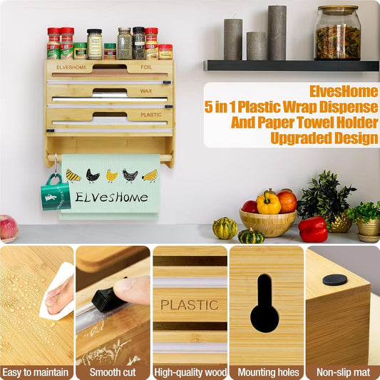 5 in 1 Foil and Plastic Wrap Organizer with Cutter, Plastic Wrap Food Dispenser with Paper Towel Holder for 12 inch Roll Wax Paper Parchment, Wall Mount Aluminum Foil Dispenser for Kitchen Storage